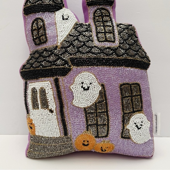 Cupcakes & Cashmere Purple Beaded Halloween Ghost Haunted House Pillow - Picture 3 of 4